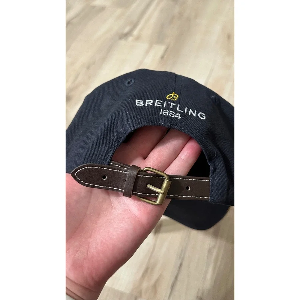 Breitling 1884 Blue‎ Hat Yellow Logo Leather Strapback Adjustable One Size
